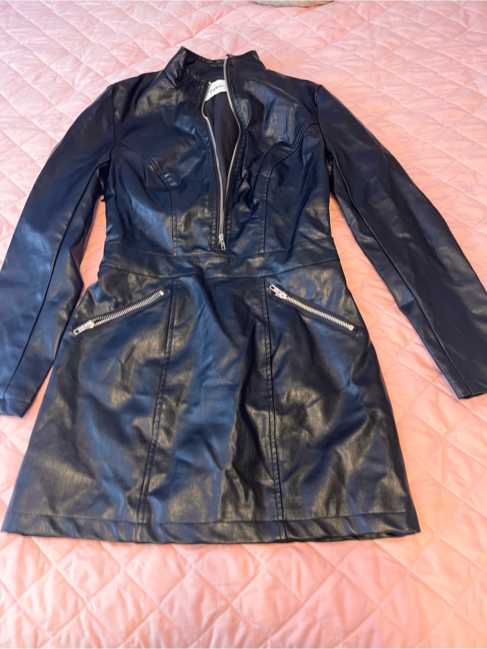 Women's Black Faux Leather Zip-Front Jacket Dress